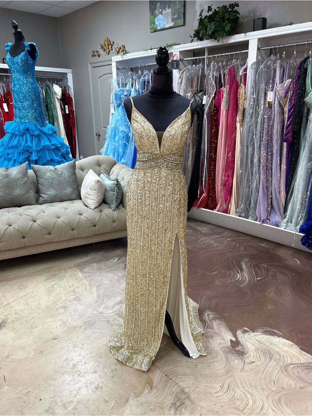 Gold Sequin Evening Prom Dress with Side Slit